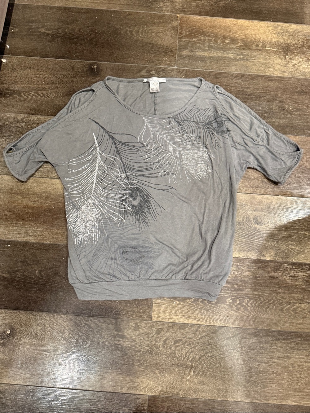 Venus Gray Feather-Print Cold-Shoulder Top